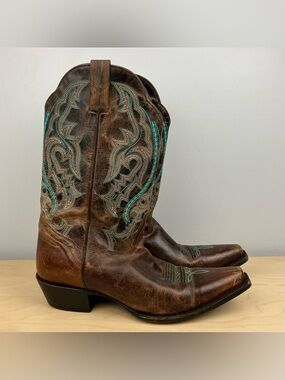 JB Dillon Women’s Size 12.0 B Goat Leather Brown Teal Western Cowboy Boots
